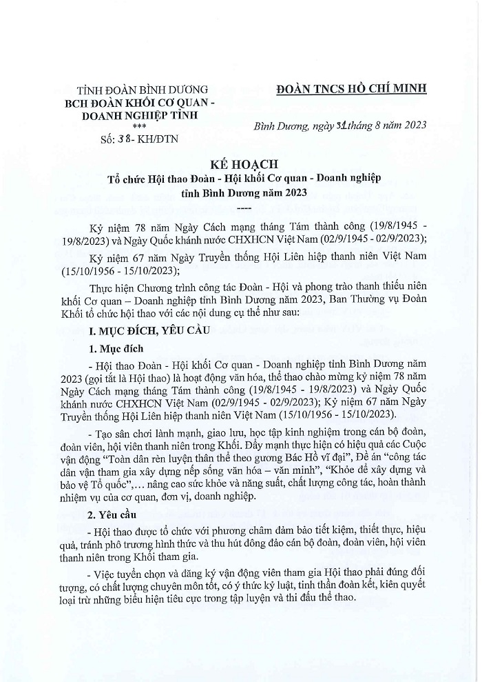 Kế hoạch tổ chức Hội thao Đoàn - Hội Khối Cơ quan - Doanh nghiệp năm 2023